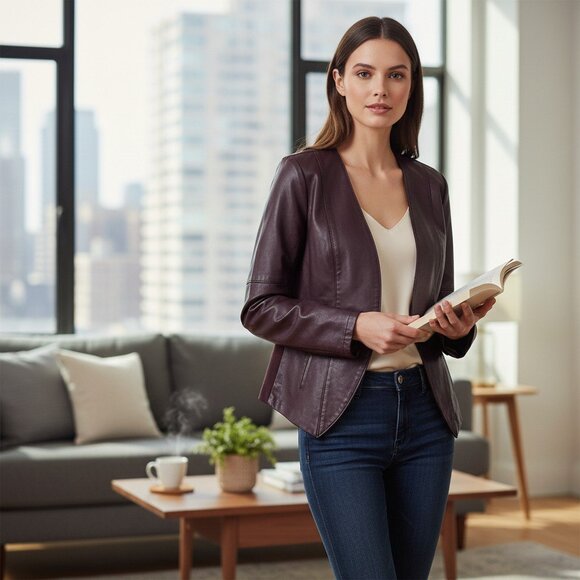 Dynamite - Blouson Simili-Cuir Prune - Style Rock/Biker Ajusté S - Picture 2 of 8